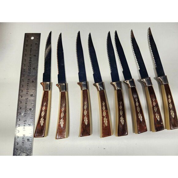 8- Regent Sheffield Bakelite Handle Steak Knives Vintage Set Leaf Cream Brown - Picture 2 of 6